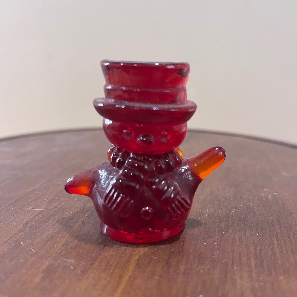 Vtg Mosser Ruby Red Glass Snowman Figurine RARE Miniature Holiday Decor 2.25"